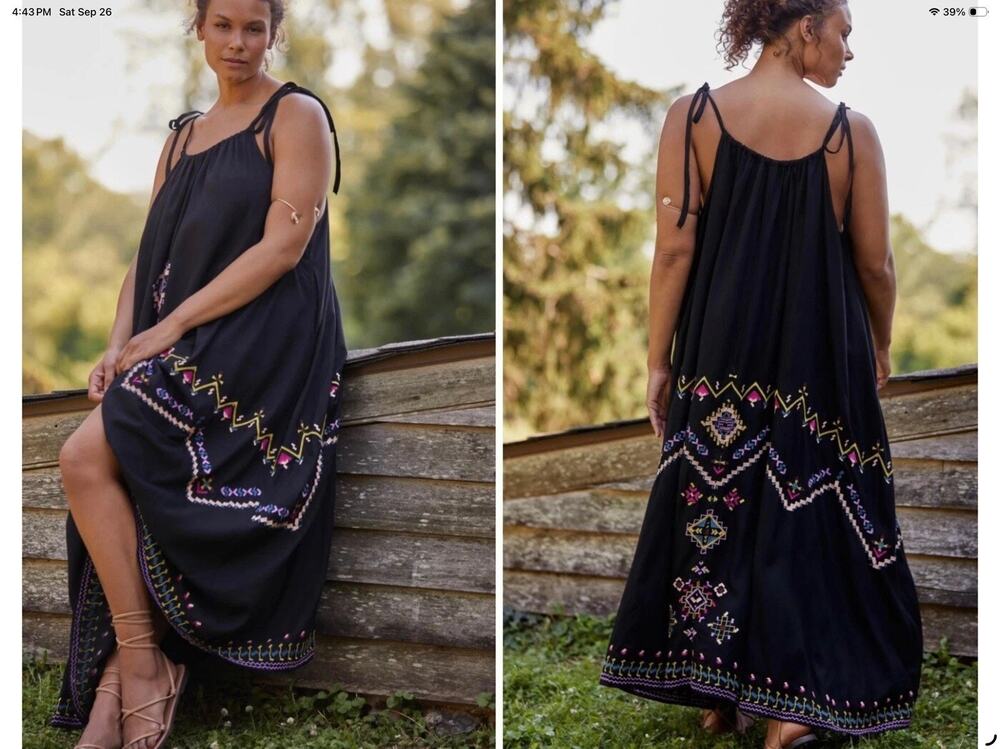 ANTHROPOLOGIE EMBROIDERED HALTER MAXI DRESS BLACK LARGE